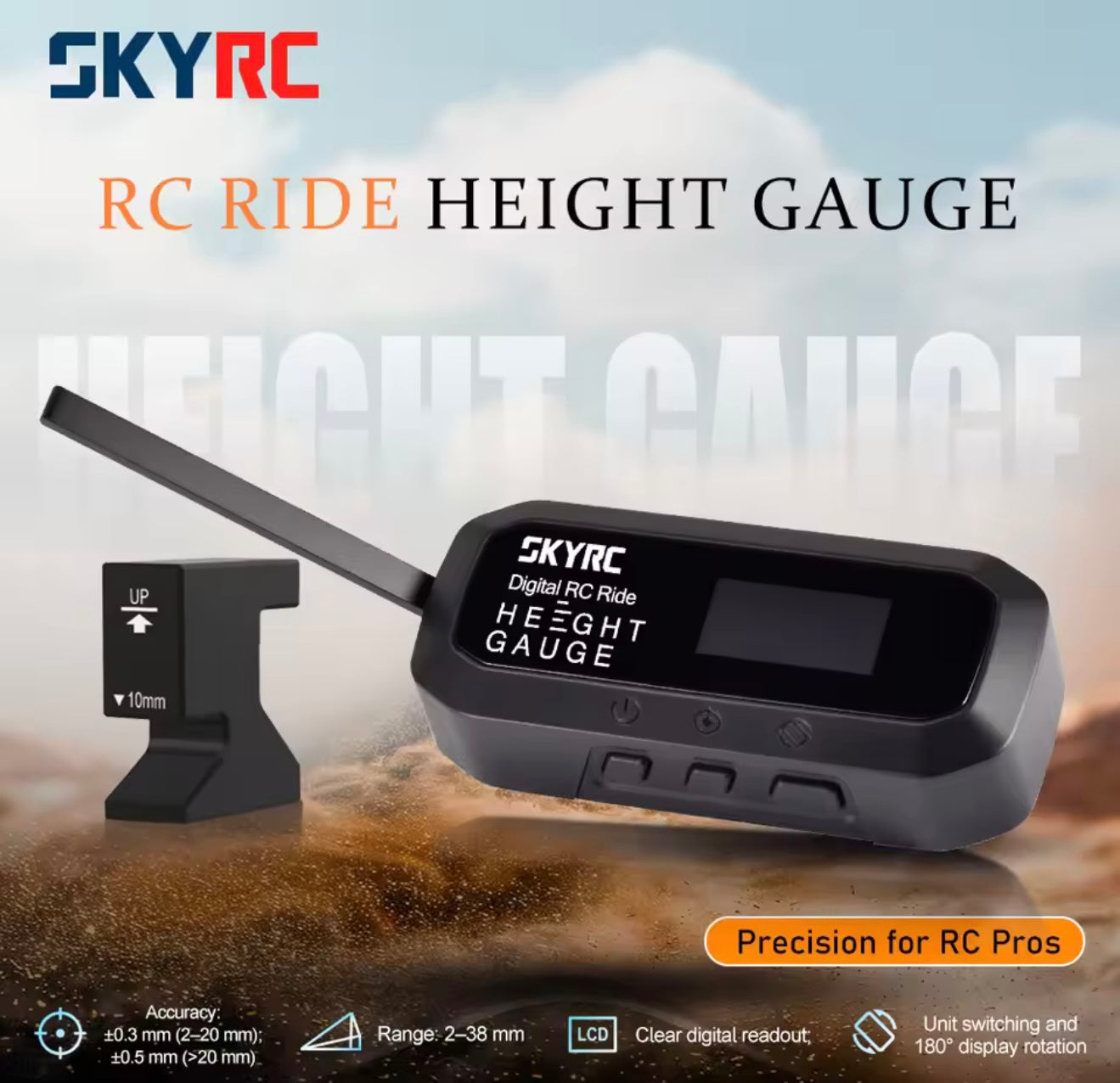 SkyRC RC Ride Height Gauge Digital 0.1mm Precision 2–38mm Range for 1/24 1/10 1/8 Cars with Rotating Display Calibration