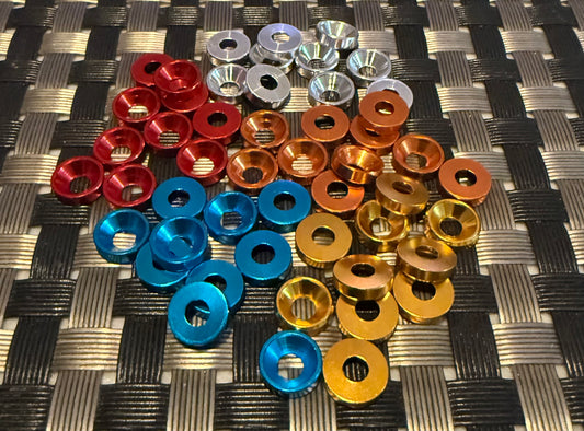 RPM ALUMINIUM ANODIZED COUNTERSUNK M3 WASHERS IN VARIOUS COLOURS (10)