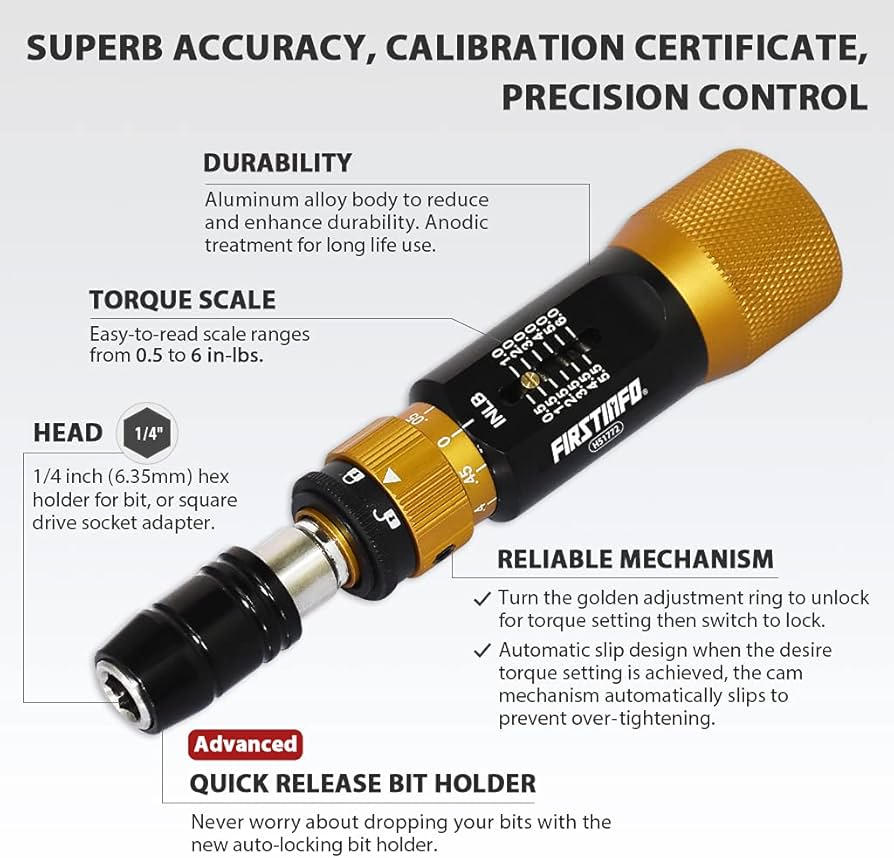 FIRSTINFO H51772 Ultra Precision Certified Torque Screwdriver, 1/4 Inch Universal Hex Quick Release Bit Holder, Torque Range 0.5-6 in-lbs